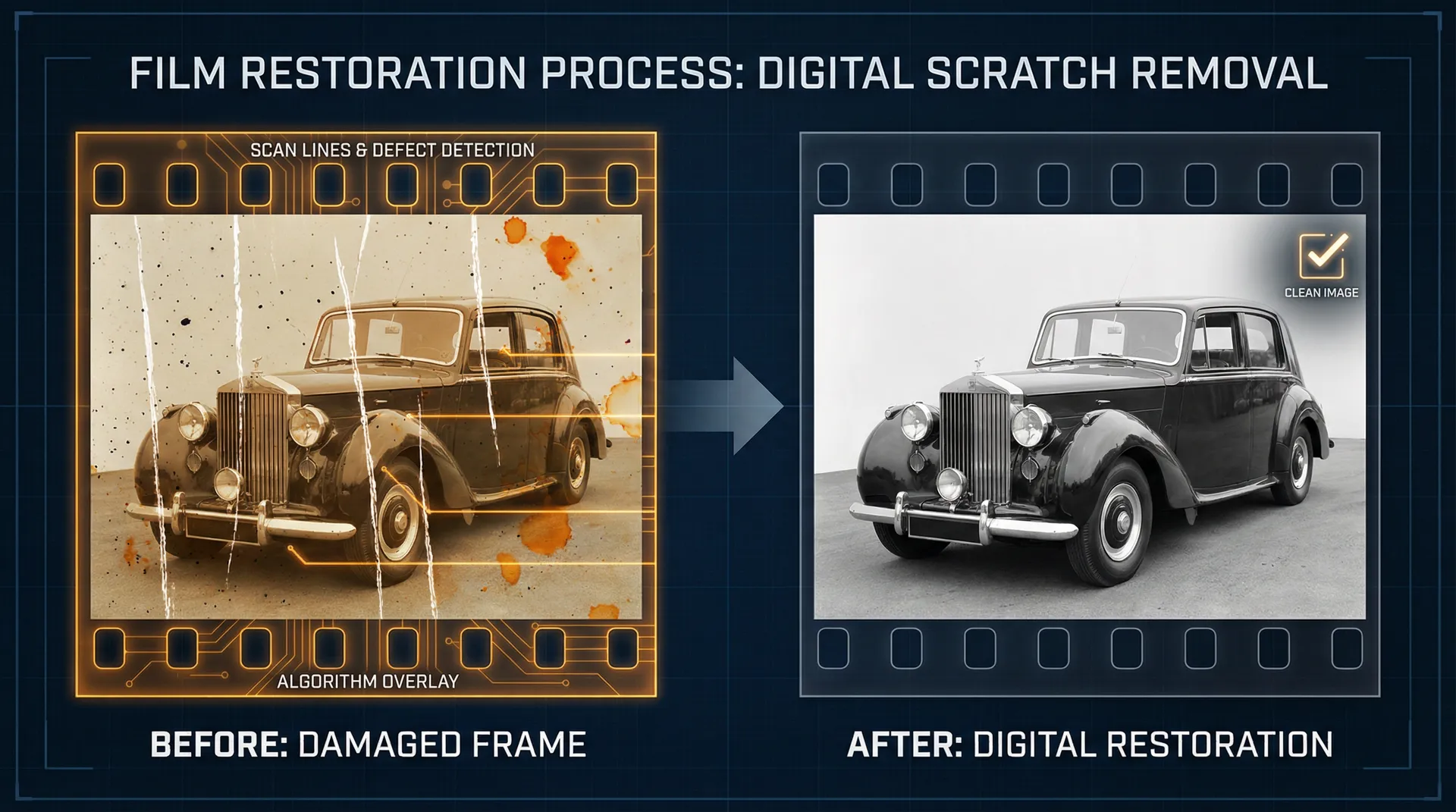 胶片时光机 数字划痕去除技术流程示意图